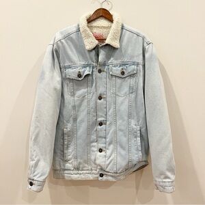 Brooklyn Cloth Bleached Denim Sherpa Lined Trucker Jacket M Blue Y2K Light Wash